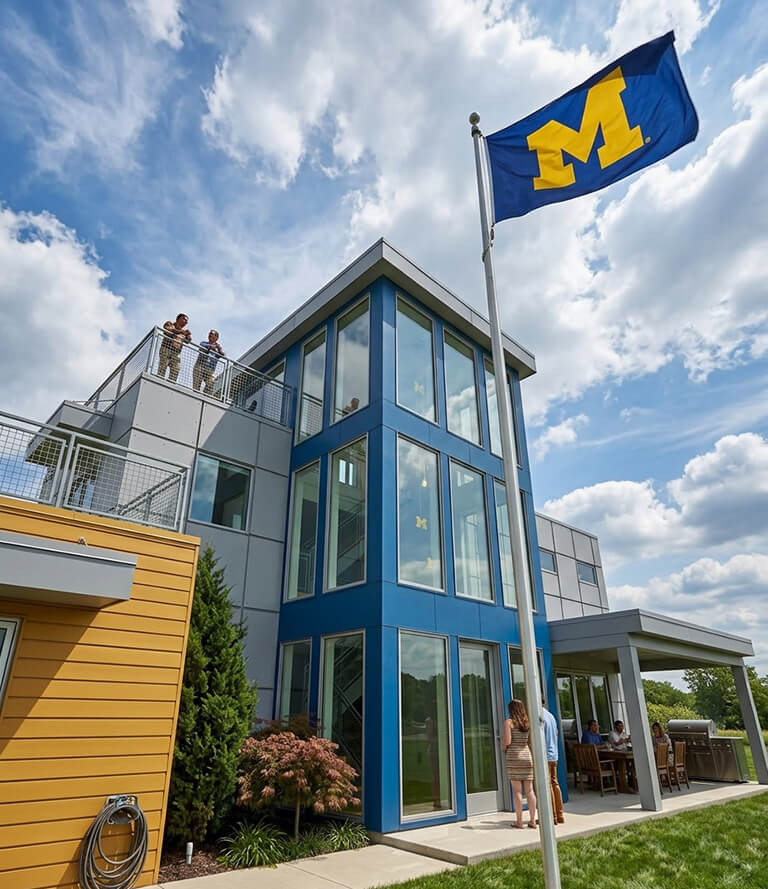 Modern multi-level home in Ann Arbor near the University of Michigan with outdoor living space and a Michigan flag flying in the foreground.