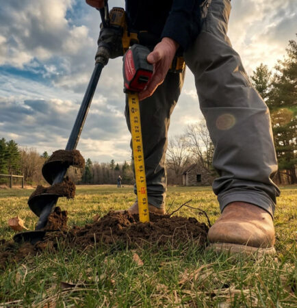 Contractor measuring soil depth with auger during site evaluation and preparation