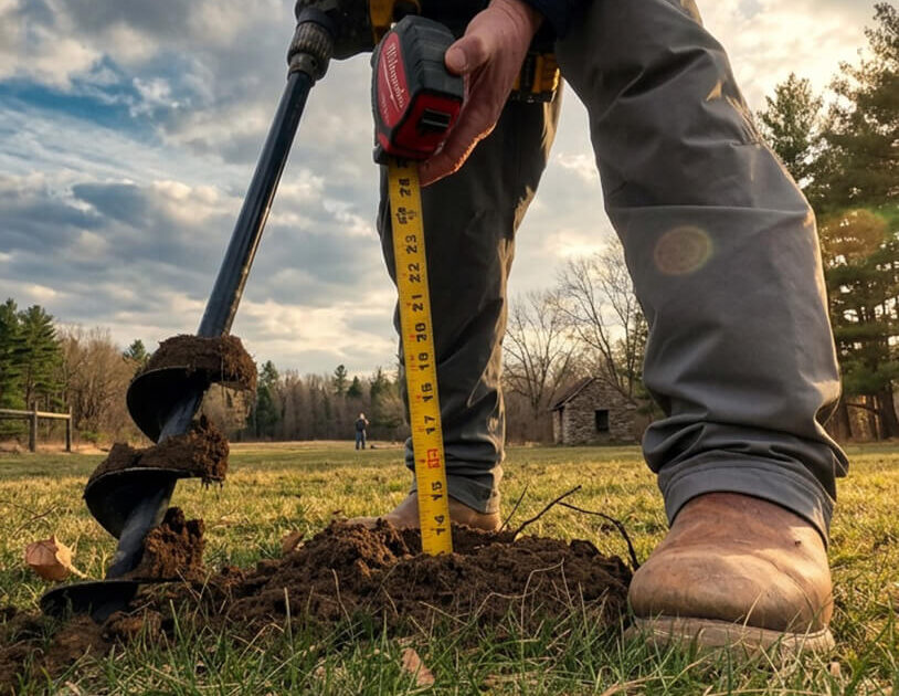Contractor measuring soil depth with auger during site evaluation and preparation