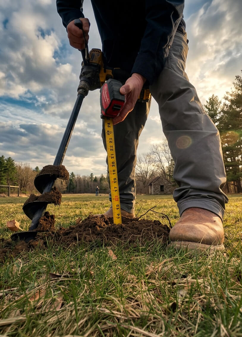 Contractor measuring soil depth with auger during site evaluation and preparation