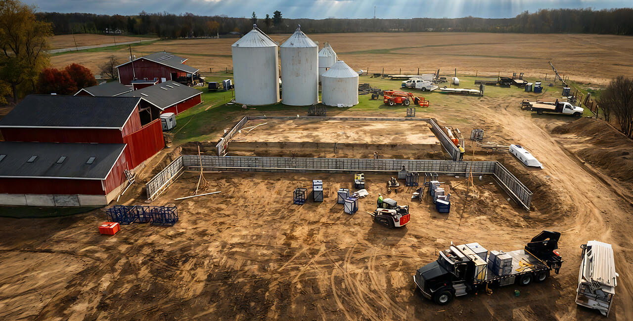 Agricultural site preparation and barn foundation construction on active farm property with silos and equipment