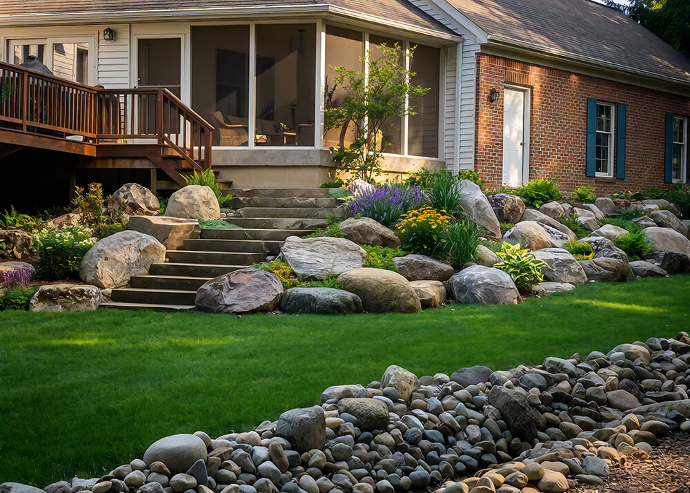 Natural stone hardscape retaining wall and landscape steps at a residential property in Ann Arbor, Michigan