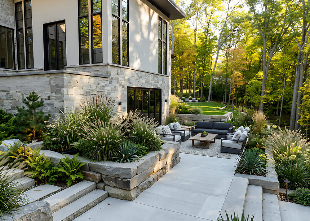 Finished outdoor living space with concrete patio and landscaping at a residential home in Barton Hills, Ann Arbor, Michigan