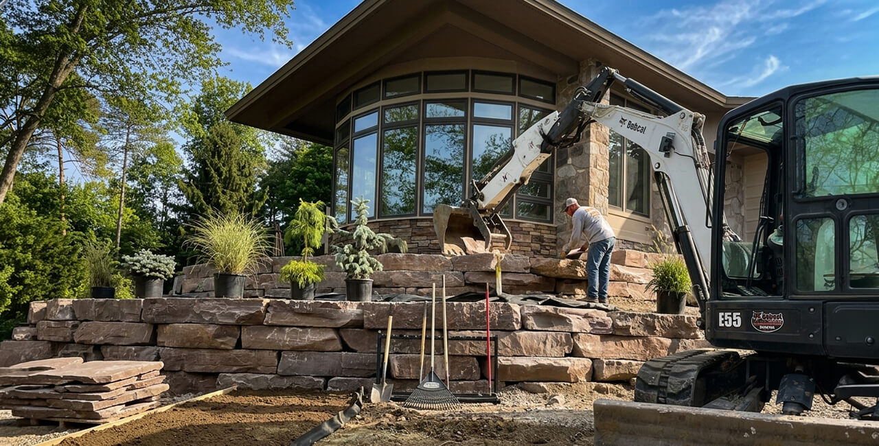 Excavator placing large natural stone boulders for a retaining wall during residential hardscaping installation