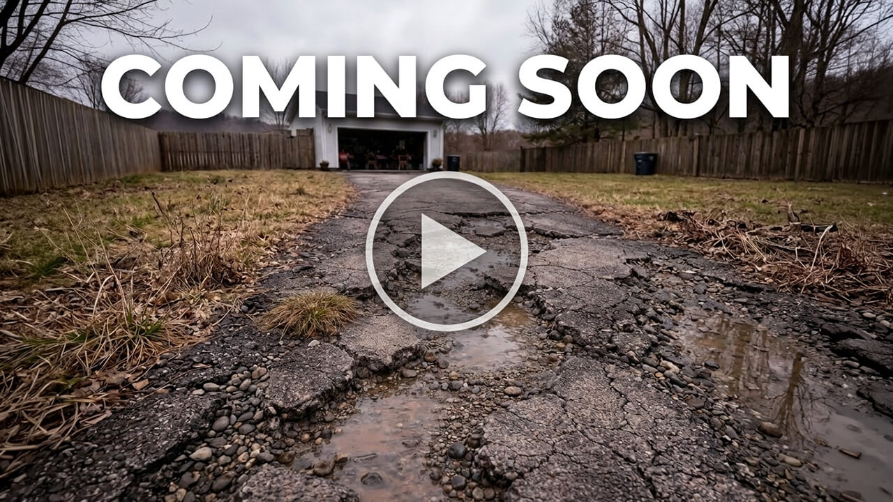 Severely cracked asphalt driveway with potholes and standing water showing long-term failure from low-cost installation