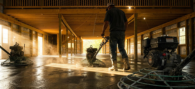 Worker using power trowel to finish concrete flatwork inside a framed building with multiple machines smoothing the surface