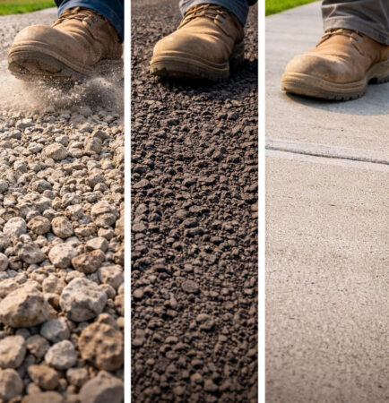 Comparison of gravel asphalt millings and concrete driveways showing surface differences and performance