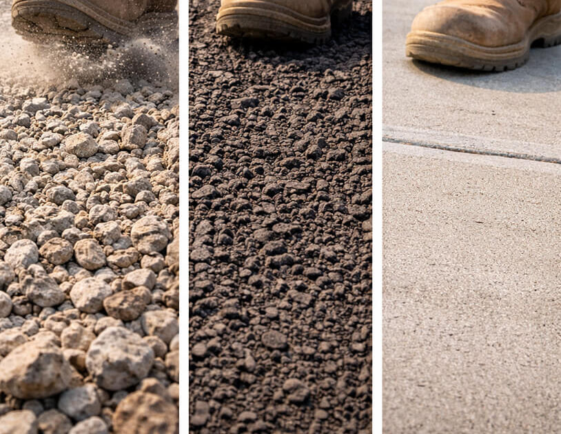 Comparison of gravel asphalt millings and concrete driveways showing surface differences and performance
