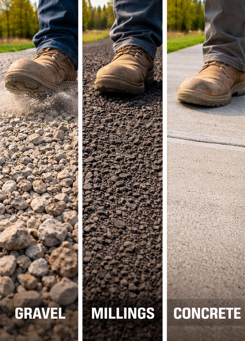 Comparison of gravel asphalt millings and concrete driveways showing surface differences and performance