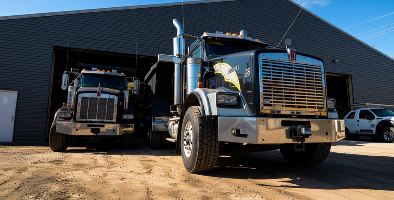 Heavy-duty construction trucks and hauling equipment fleet parked at facility ready for job site work