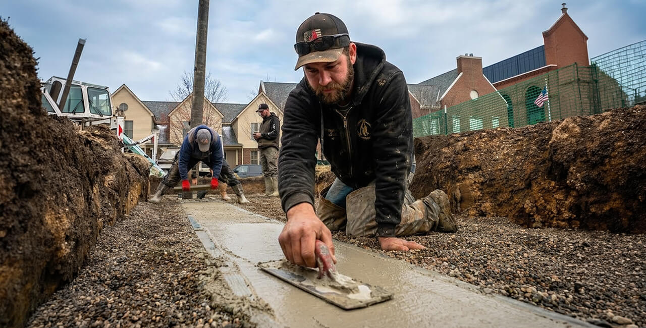 Crew finishing concrete footings and foundation work on residential site in Michigan