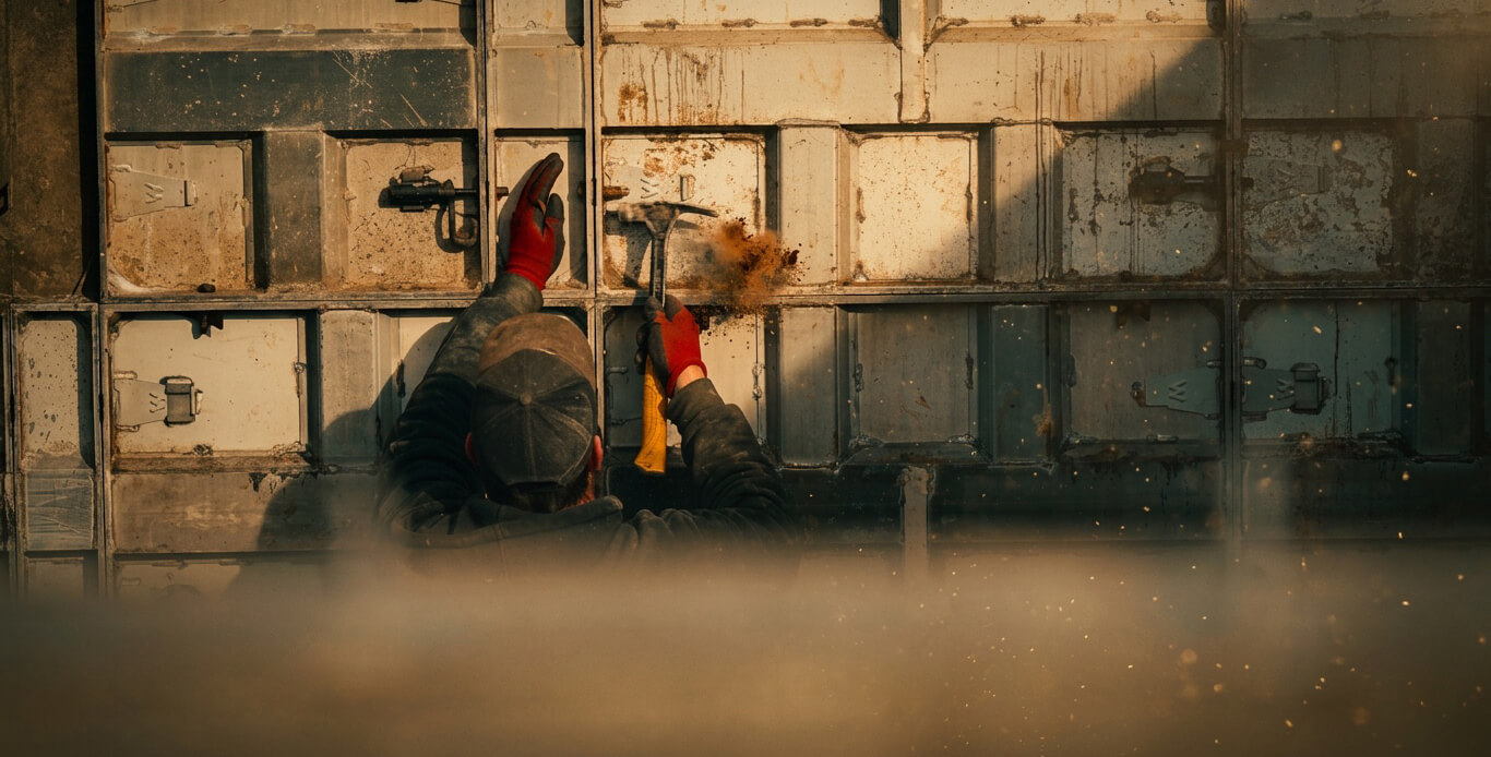 Worker installing and securing western wall forms for concrete foundation on construction site in Michigan