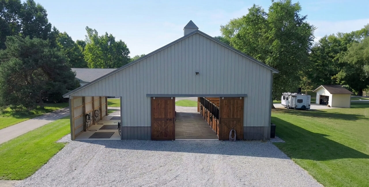 Equestrian barn and horse stable facility with open stalls and gravel access drive