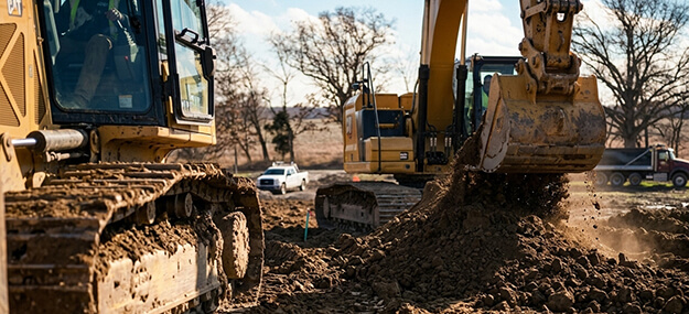 Close-up of excavator bucket moving soil during site preparation with heavy equipment working on a construction site