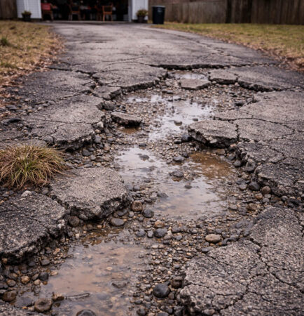Severely cracked asphalt driveway with standing water and exposed base showing long-term failure from poor installation
