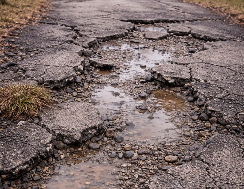 Severely cracked asphalt driveway with standing water and exposed base showing long-term failure from poor installation