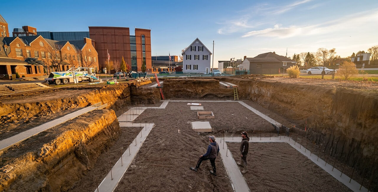 Excavated foundation site with footing layout and compacted base preparation in Ann Arbor Michigan