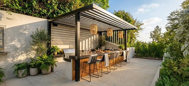 Modern outdoor kitchen with pergola, bar seating, and landscaped patio area