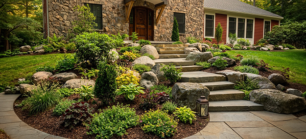 Residential hardscaping with natural stone steps, boulder accents, and landscaped front entry walkway