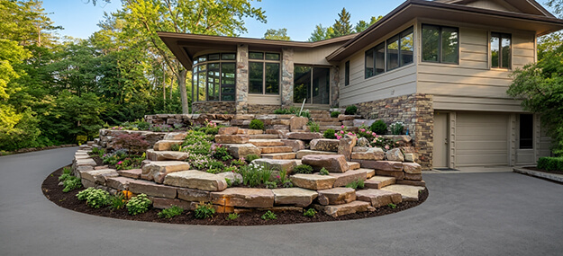 Residential hardscaping with natural stone terraced retaining walls and landscaped front yard design
