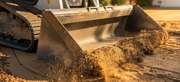Close-up of skid steer bucket grading and leveling soil during site preparation work