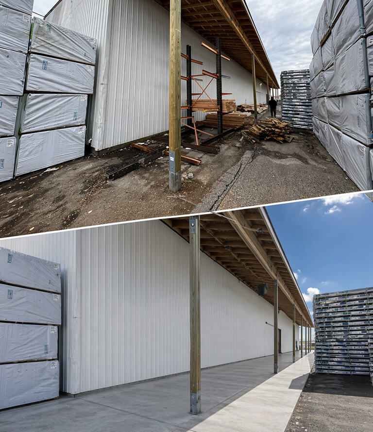 Before and after concrete flatwork at Chelsea Lumber in Chelsea Michigan showing asphalt removal and new concrete installation