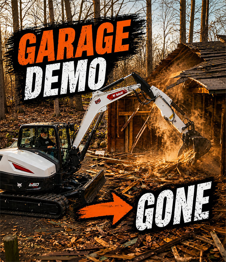Mini excavator demolishing a residential garage during a garage demolition project in Ann Arbor, Michigan.